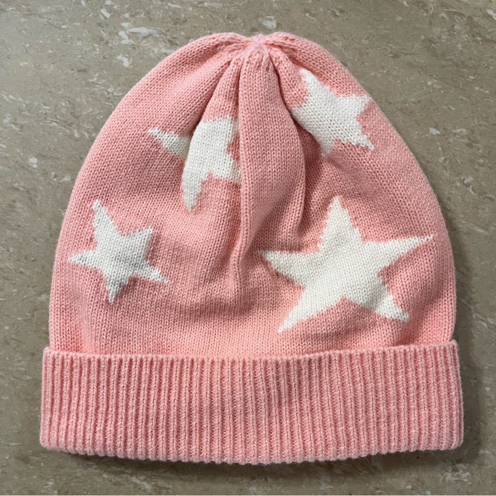 J. Crew Crewcut Kids Starry Knit Hat Beanie Pink & White Star S/M Wool Blend